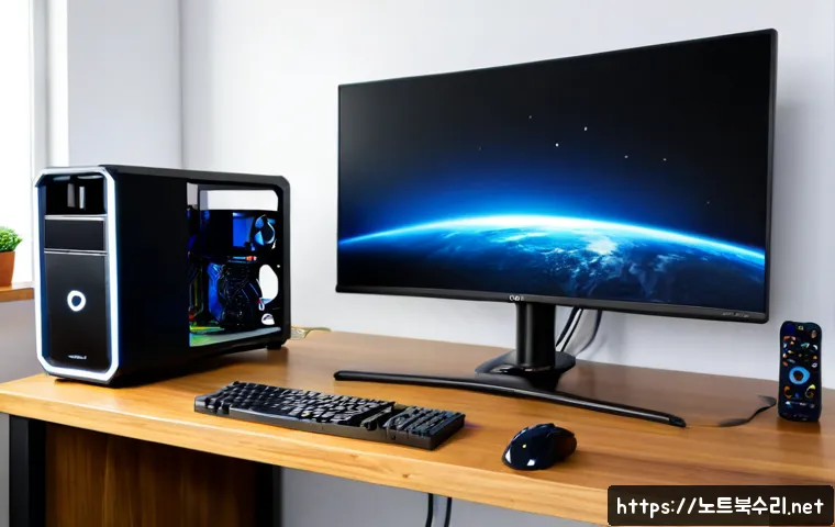 고기동 모니터화면 안나옴 - Photorealistic Korean home office troubleshooting scene, high-refresh gaming monitor powered on with...