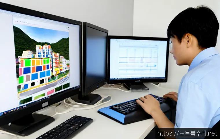 본동 STATUS_MODULE_CORRUPTION - Photorealistic IT support workstation in a compact hillside neighborhood office, dual monitors showi...