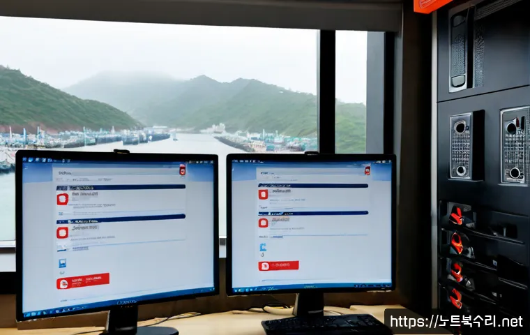 마산동 SYSTEM_LICENSE_VIOLATION - Photorealistic IT support workstation in Masan-dong, dual monitors showing a blank software licensin...