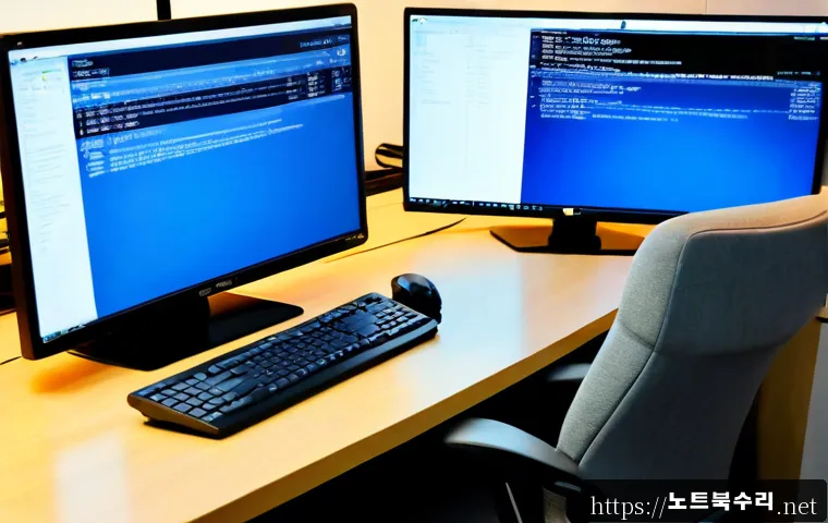 논현고잔동 SYSTEM_THREAD_EXCEPTION_NOT_HANDLED - Photorealistic remote IT support workstation in a modern Nonhyeon Gojan-dong apartment office, dual ...