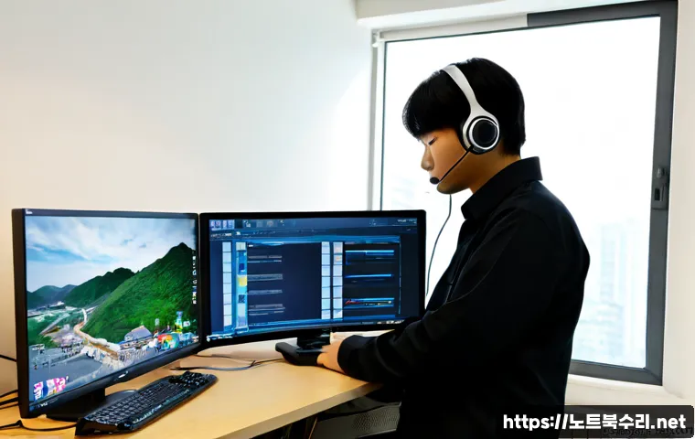 응암동 STATUS_KERNEL_PERMISSION_DENIED - Photorealistic IT support workstation in a compact Eungam-dong apartment office, dual monitors showi...