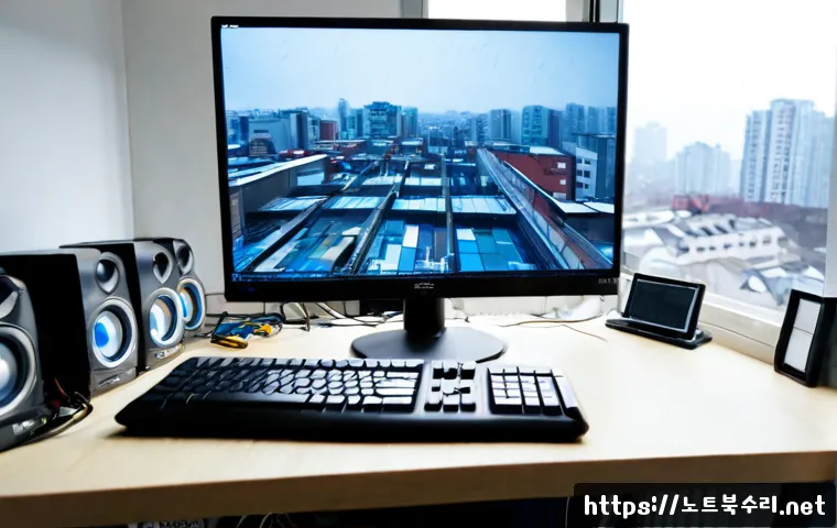덕교동 THREAD_STUCK_IN_DEVICE_DRIVER - Photorealistic PC repair workstation in a compact Dukgyo-dong office, dual monitors frozen on an abs...