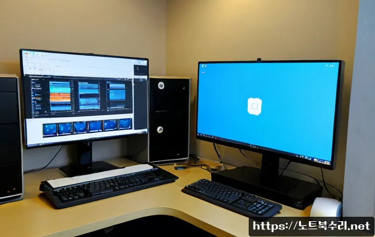 송천동 UDFS_FILE_SYSTEM - Photorealistic IT support workstation in a quiet Songcheon-dong apartment office, dual monitors show...