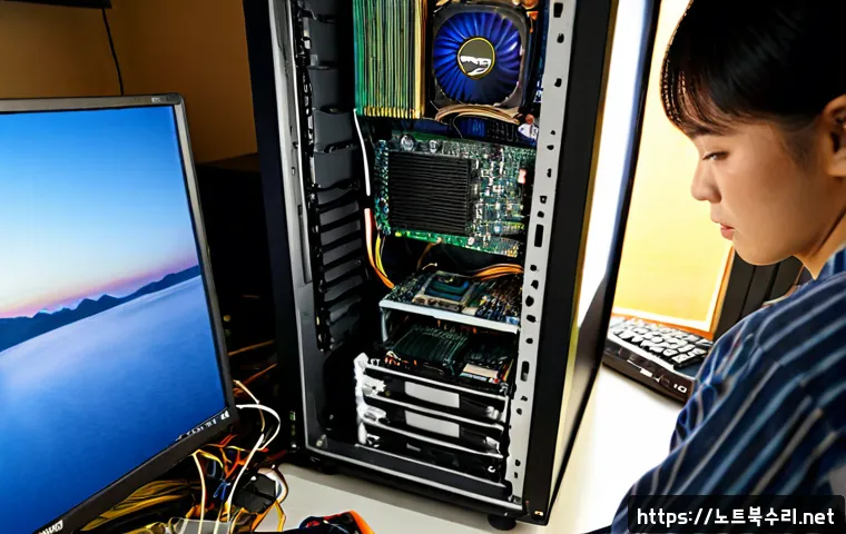 청파동 하드조립 및 교체수리 - Photorealistic desktop PC repair bench in a compact Cheongpa-dong apartment office, technician caref...