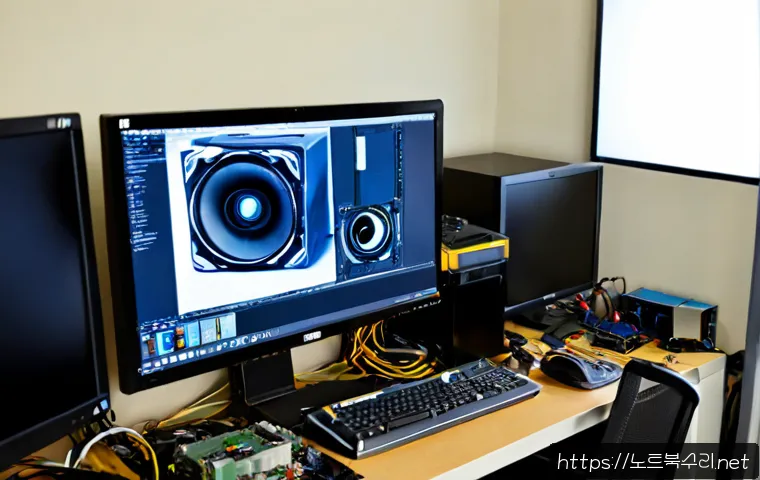 신당동 HARDWARE_FAILURE - Photorealistic IT repair workstation in a compact Sindang-dong office, desktop tower opened beside a...