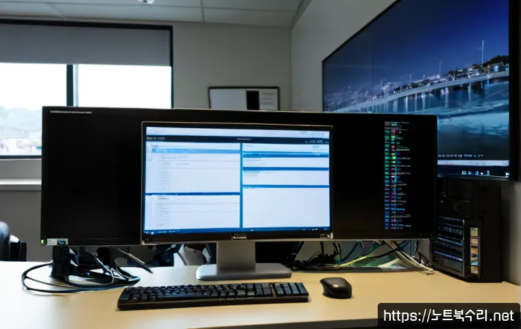 검암경서동 STATUS_IO_TIMEOUT - Photorealistic IT support workstation in a quiet suburban office near a riverside transit district, ...