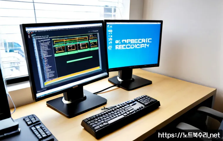 월암동 all boot options are tried - Photorealistic IT support workstation in a compact Wolam-dong office, desktop monitor showing a gene...