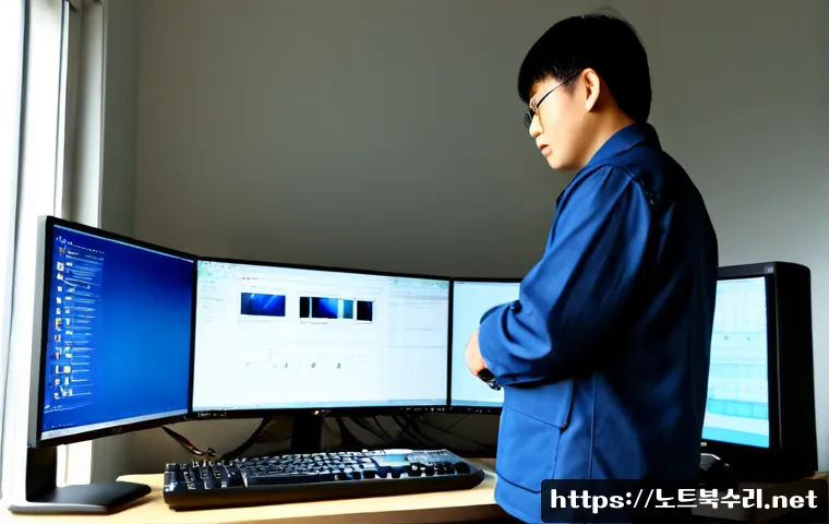 은평구 DRIVER_CORRUPTED_EXPOOL - Photorealistic IT support workstation in Eunpyeong-gu, dual monitors showing a clean CAD-style mecha...