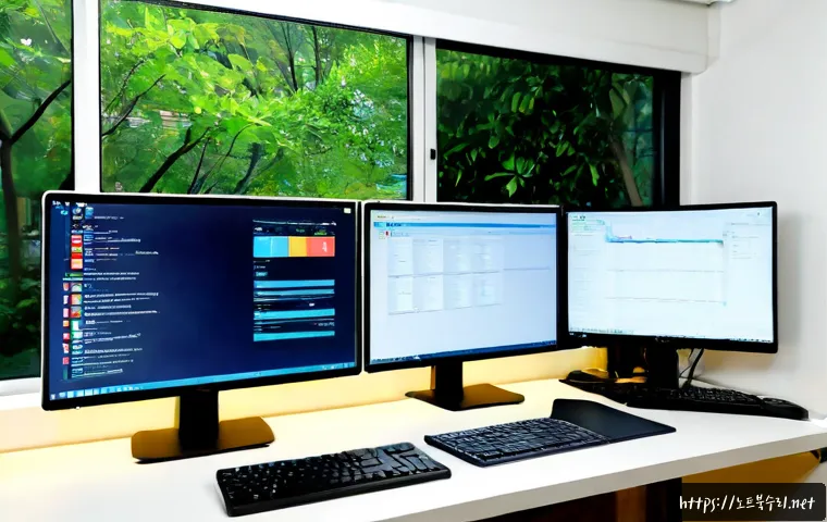 풍덕천 STATUS_FILE_WRITE_FAILURE - Photorealistic IT support workstation in a modern Pungdeokcheon apartment study, dual monitors showi...