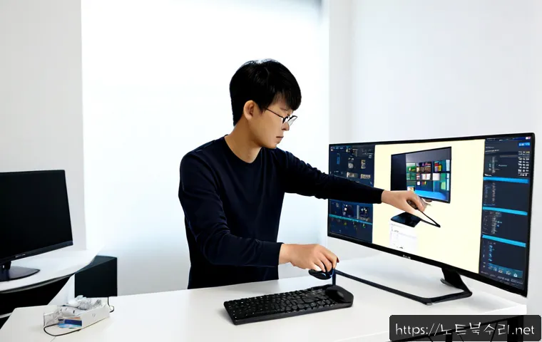 홍익동 조립컴퓨터 pc 출장판매설치 - Photorealistic compact desktop PC installation in a bright creative studio near Hongdae, technician ...