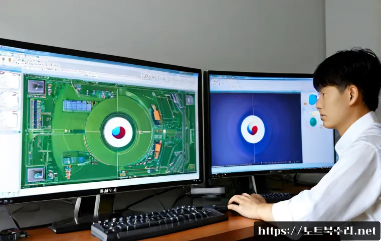 양지면 STATUS_IMAGE_CORRUPTION - Photorealistic IT support workstation in a quiet semi-rural Korean office, dual monitors displaying ...