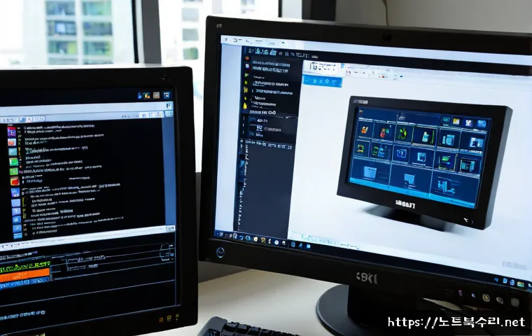 강서구 STATUS_KERNEL_UNSUPPORTED_DEVICE - Photorealistic IT support workstation in Gangseo district, Seoul, dual monitors showing a clean abst...