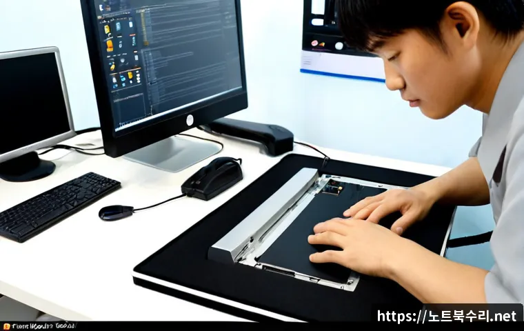 학의동 아이맥 판매 및 수리 - Photorealistic computer repair studio in Hagui-dong, a technician carefully servicing a slim silver ...