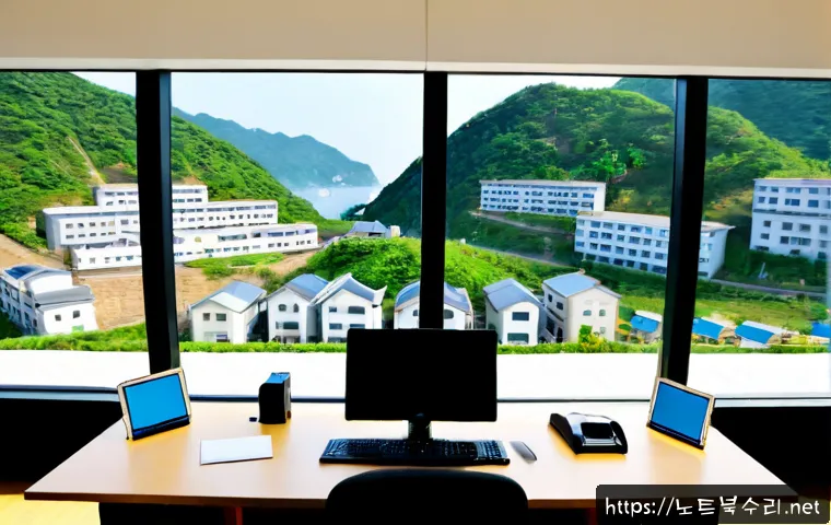 신당5동 STATUS_FILE_IN_USE - Photorealistic compact IT support workstation in a Shindang 5-dong style apartment office, dual moni...
