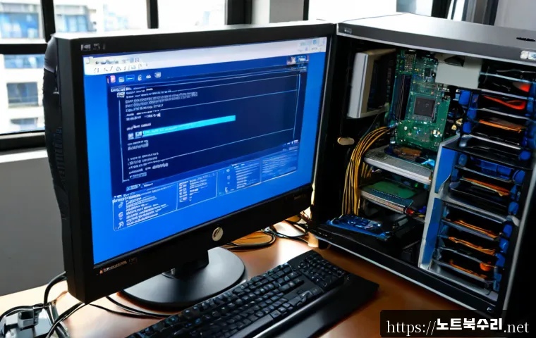 연양동 KMODE_EXCEPTION_NOT_HANDLED - Photorealistic PC repair workstation in a compact Yeonyang-dong office, desktop monitor showing a bl...