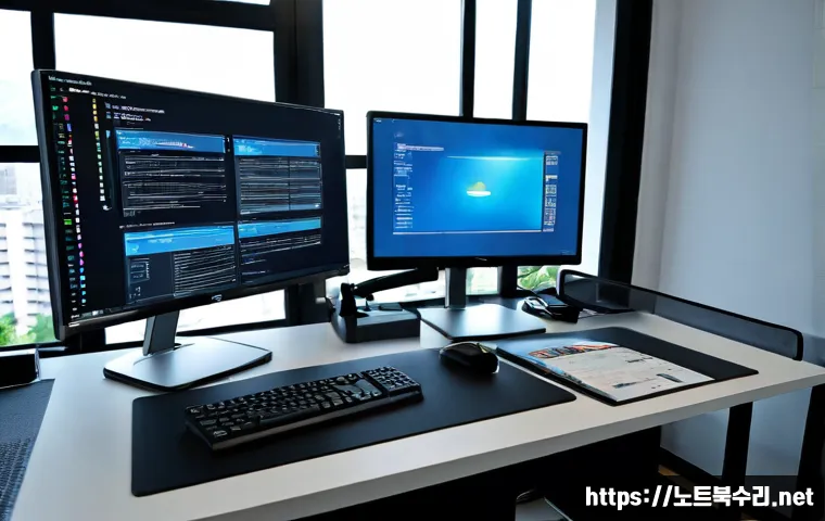 상현동 STATUS_FLOAT_OVERFLOW - Photorealistic modern PC support workstation in a quiet residential business district, dual monitors...