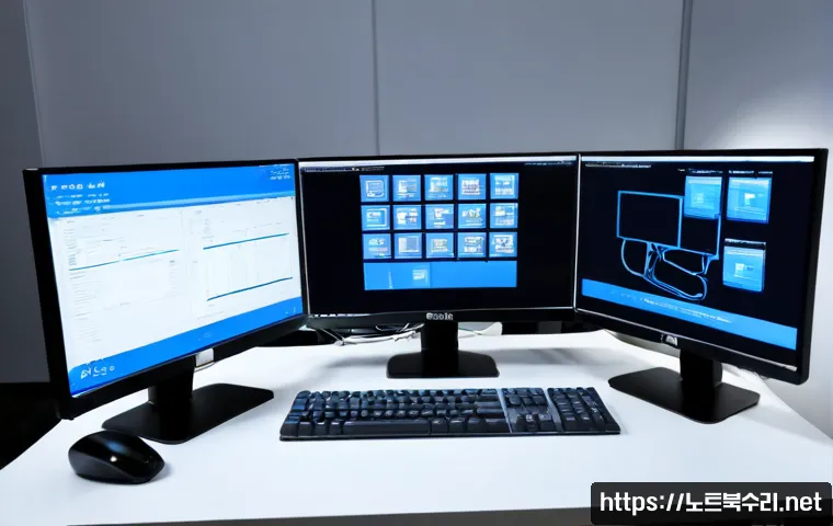 귀인동 STATUS_PAGE_FAULT - Photorealistic IT support workstation in a compact Anyang office, dual monitors with a blank blue sy...