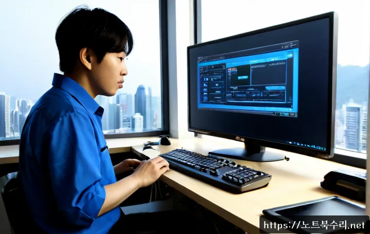 창동 WIN32K_POWER_WATCHDOG_TIMEOUT - Photorealistic IT support workstation in Changdong, Seoul, dual monitors showing a blank blue system...