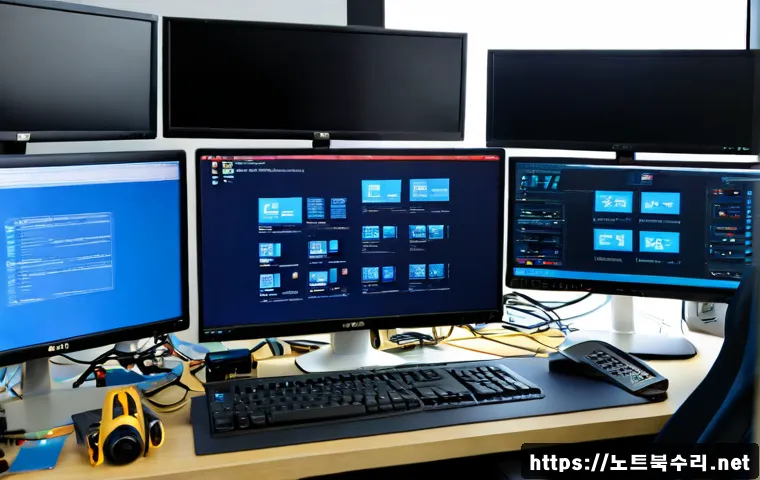 조남동 IRQL_NOT_LESS_OR_EQUAL - Photorealistic IT support workstation in a compact modern office near a quiet Korean suburban indust...