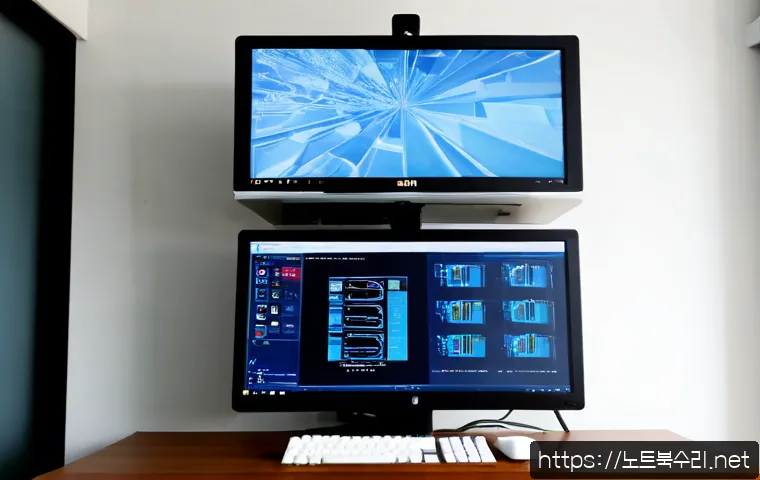 장수동 STATUS_IO_TIMEOUT - Photorealistic IT support workstation in Jangsu-dong, Incheon, dual monitors showing a frozen abstra...