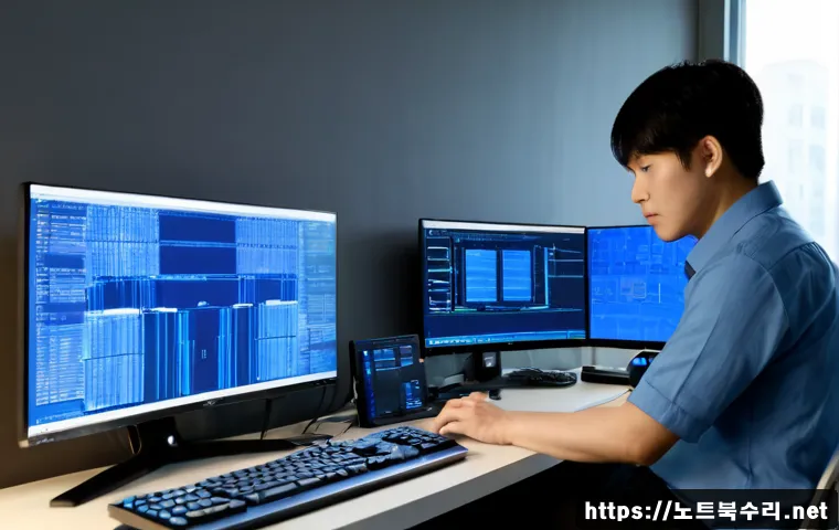 둔촌동 BAD_POOL_CALLER - Photorealistic IT support workstation in a modern apartment office near a quiet Korean neighborhood,...