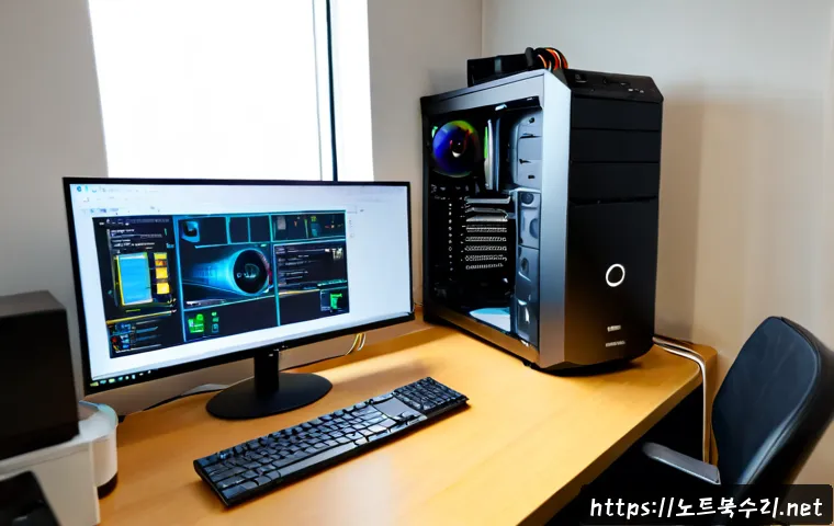 비산동 조립컴퓨터 pc 출장판매설치 - Photorealistic home-office PC installation in a compact Bisandong apartment, technician carefully co...