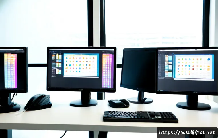 동탄시 STATUS_INVALID_DISPOSITION - Photorealistic IT support workstation in a modern Dongtan-style technology office, dual monitors sho...