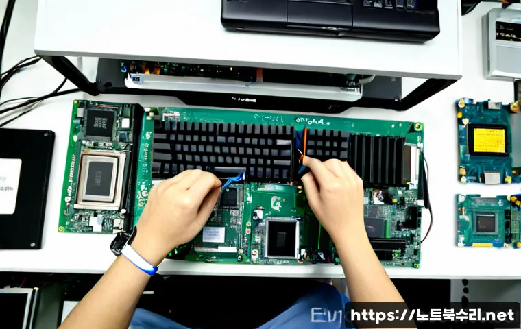김포동 RAM조립 및 교체수리 - Photorealistic electronics repair workstation in a compact Gimpo-dong computer service shop, technic...