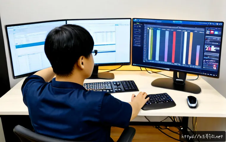 감이동 STATUS_KERNEL_CONFIGURATION_ERROR - Photorealistic IT support workstation in a modern Gamidong apartment office, dual monitors showing a...