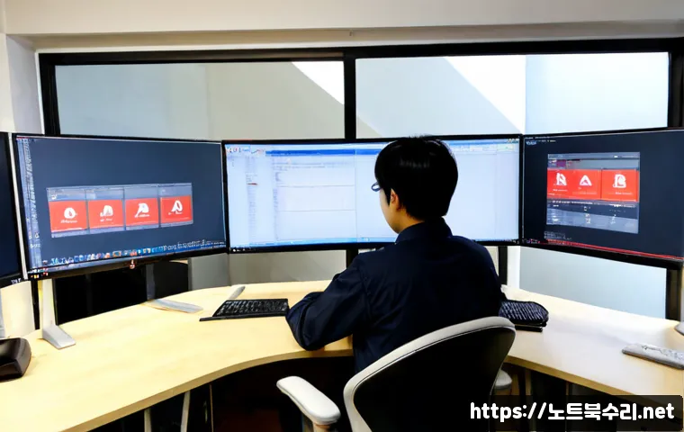 가수동 STATUS_SYSTEM_LICENSE_INVALID - Photorealistic software support workstation in a compact Gaseu-dong office, dual monitors showing a ...