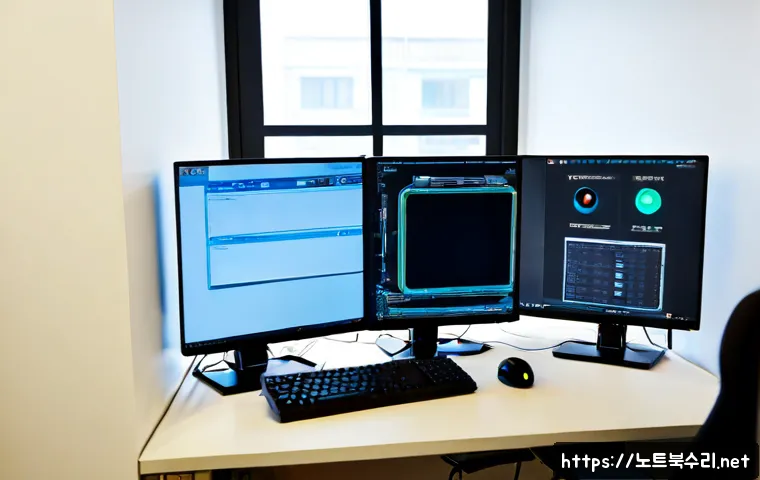 노량진 DEVICE_DRIVER_MISMATCH - Photorealistic IT support workstation in a compact Noryangjin office, dual monitors showing an abstr...