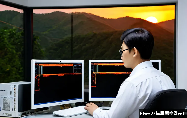 학암동 STATUS_CONNECTION_REFUSED - Photorealistic IT support workstation in a modern apartment office near low wooded hills, frustrated...