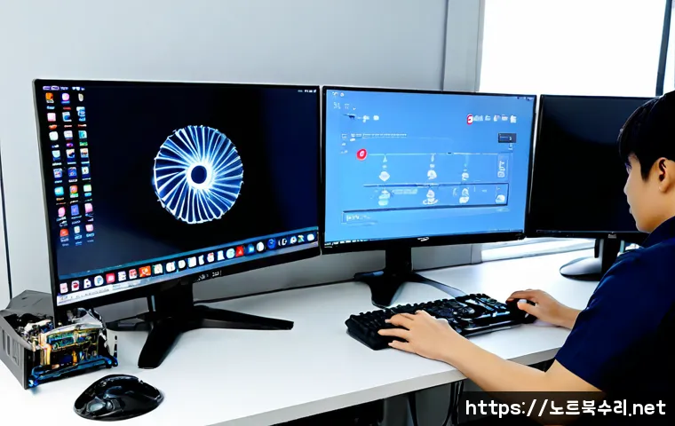 미산동 HARDWARE_INTERRUPT_STORM - Photorealistic IT support workstation in a compact Misan-dong engineering office, dual monitors show...