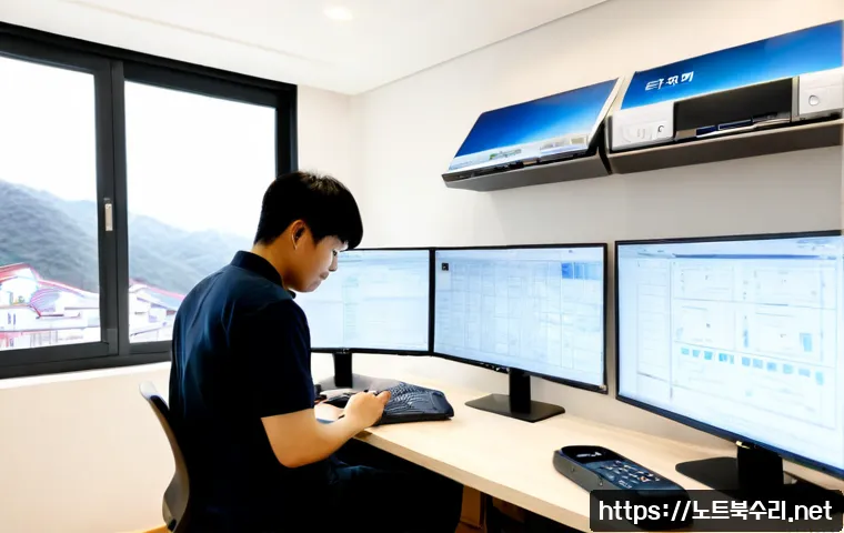 아현동 STATUS_IMAGE_NOT_FOUND - Photorealistic remote IT support workstation in a compact Ahyeon-dong apartment office, dual monitor...