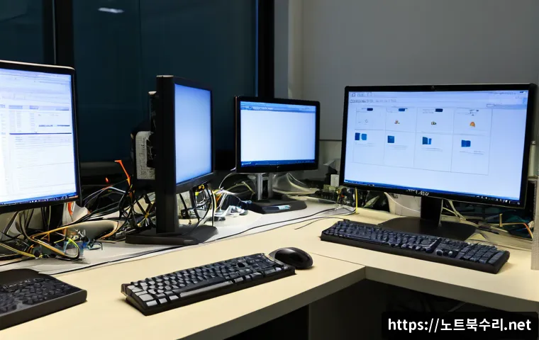 용강동 공장초기화복구 - Photorealistic industrial workstation in Yonggang-dong, Seoul, technician restoring a desktop comput...