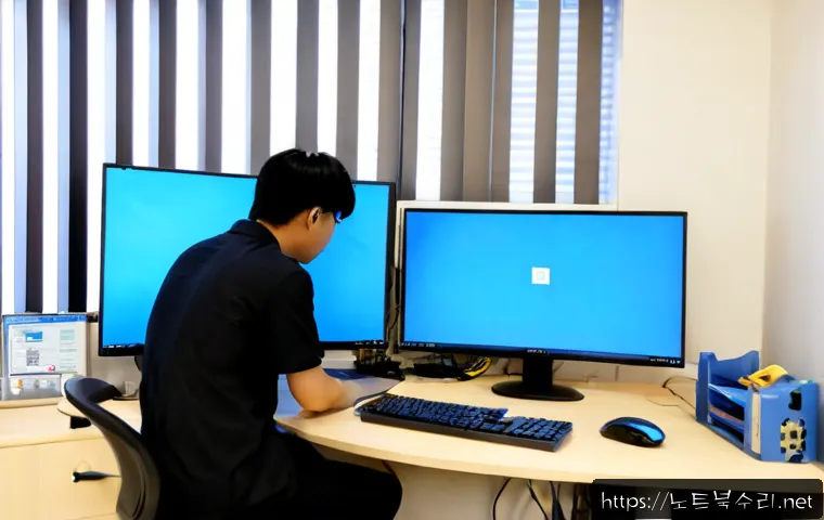 토정동 블루스크린 - Photorealistic IT support workstation in a compact Toseong-dong office, dual monitors with one showi...