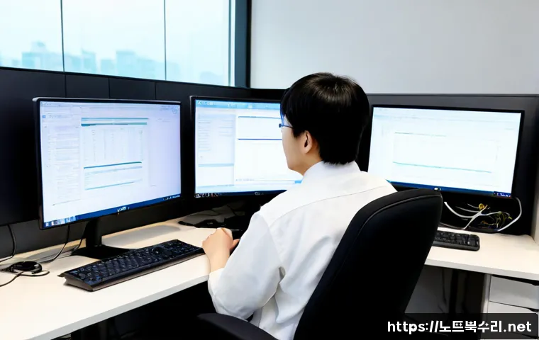 사근동 STATUS_SECURITY_POLICY_VIOLATION - Photorealistic IT support workstation in a compact Seongdong district office, dual monitors showing ...