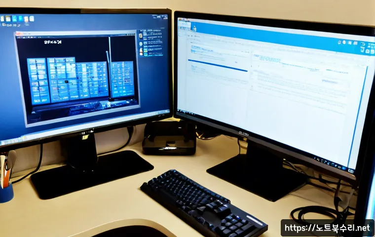 유천동 DRIVER_IRQL_NOT_LESS_OR_EQUAL - Photorealistic IT support workstation in a compact Yucheon-dong apartment office, dual monitors show...