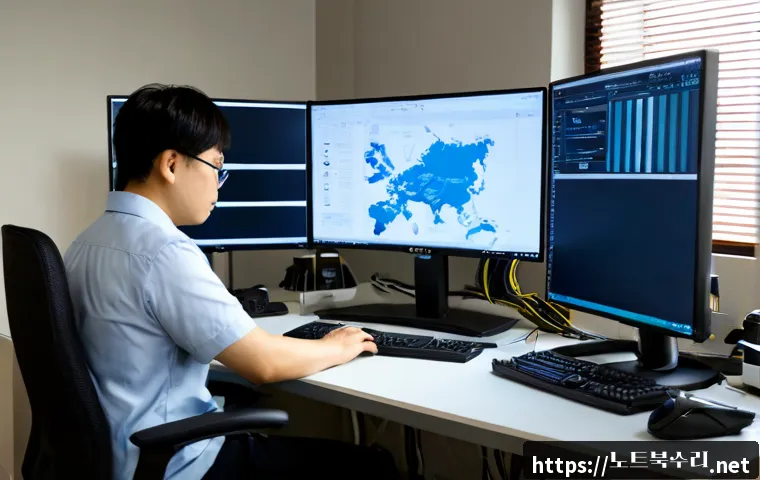 논현고잔동 STATUS_KERNEL_THREAD_INTERRUPTED - Photorealistic IT support workstation in a compact Korean neighborhood office, dual monitors showing...