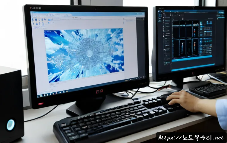 사리현동 STATUS_CONTROL_C_EXIT - Photorealistic remote-support workstation in a quiet suburban Korean apartment, dual monitors showin...