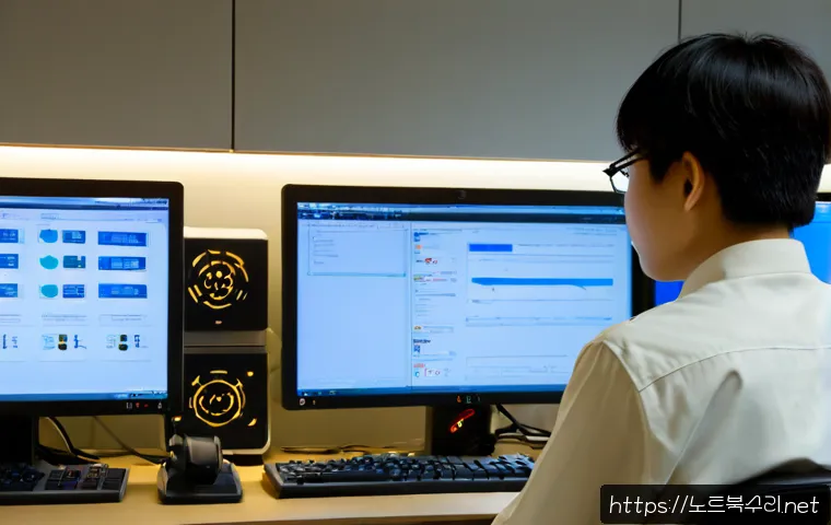 발산동 STATUS_KERNEL_ACCESS_DENIED - Photorealistic remote-support workstation in a compact Balsan-dong office, IT technician studying a ...