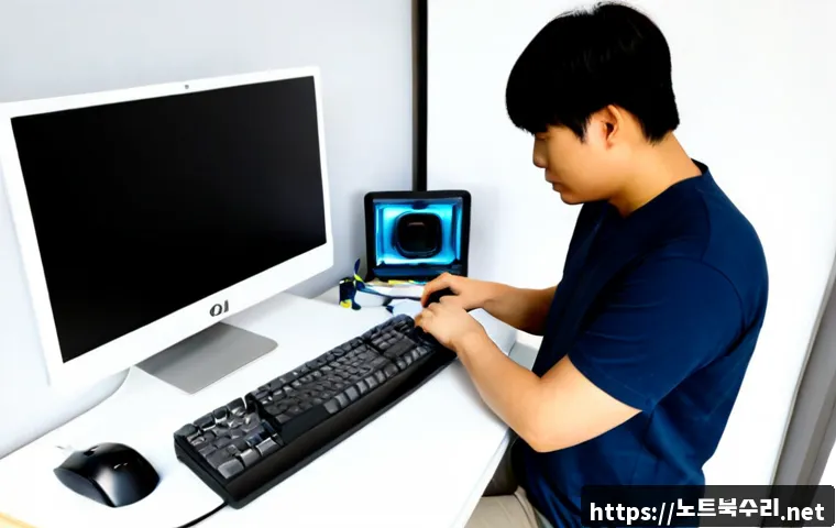 가리봉 중고컴퓨터 pc 출장판매설치 - Photorealistic compact apartment workspace in Garibong, Seoul, a technician installing a refurbished...