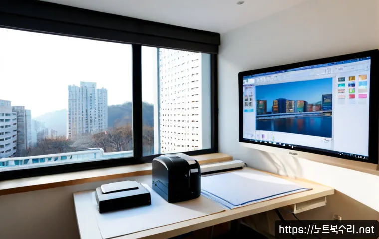 신교동 STATUS_DEVICE_NOT_READY - Photorealistic desktop workstation in a compact Seongyo-dong design studio, architect waiting beside...