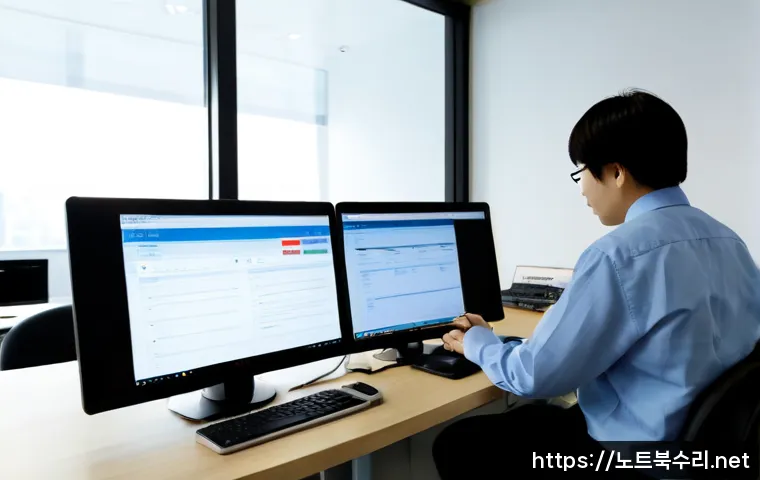 내수동 STATUS_SESSION_TIMEOUT - Photorealistic remote-support workstation in a quiet central Seoul office, dual monitors showing a c...