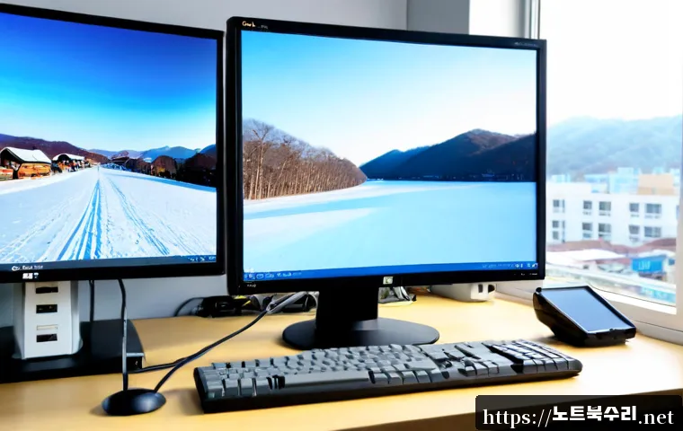 경안동 CLOCK_WATCHDOG_TIMEOUT - Photorealistic PC repair workstation in a compact Gyeongan-dong office, dual monitors frozen on a pl...