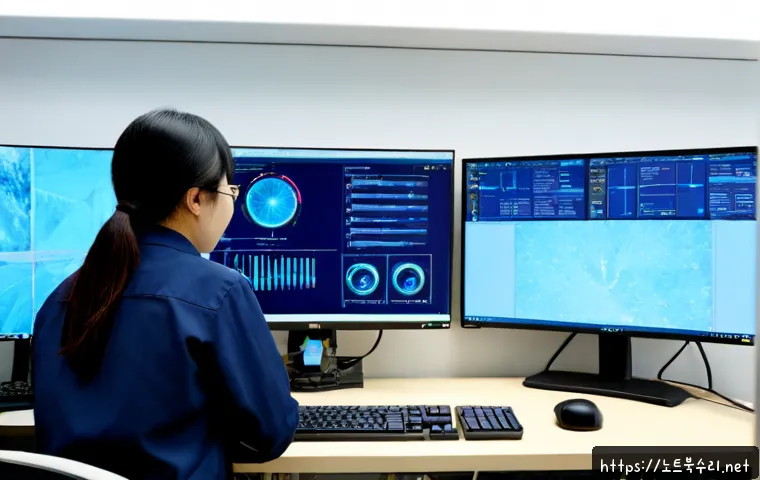 구로구 KERNEL_MODE_HEAP_CORRUPTION - Photorealistic IT support workstation in Guro District, Seoul, dual monitors showing a frozen abstra...