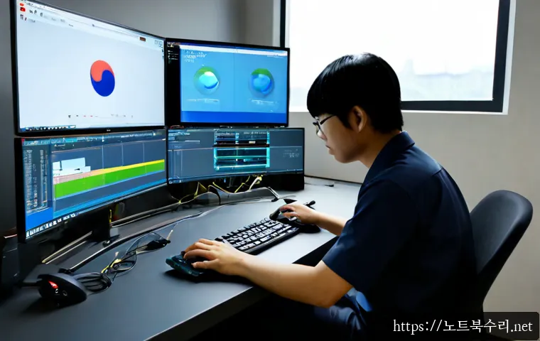 신대동 VIDEO_TDR_FAILURE - Photorealistic remote-support workstation in a modest Sindong industrial office, dual monitors showi...
