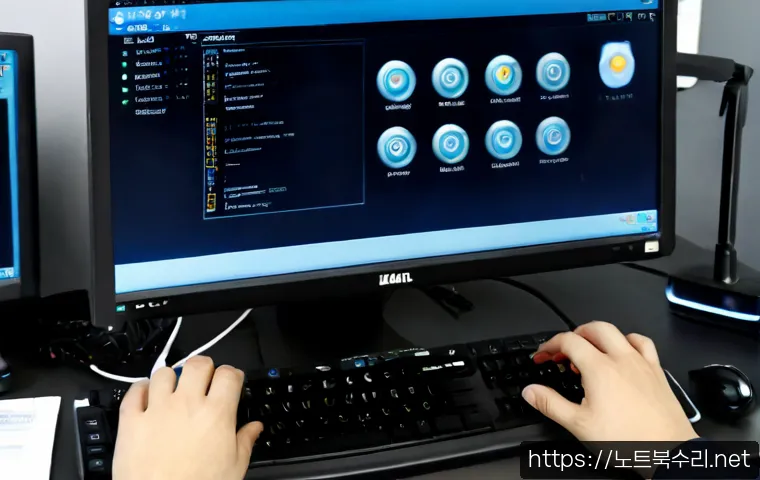 과해동 STATUS_NO_MEMORY - Photorealistic IT support workstation, desktop monitor showing a blank frozen application window wit...