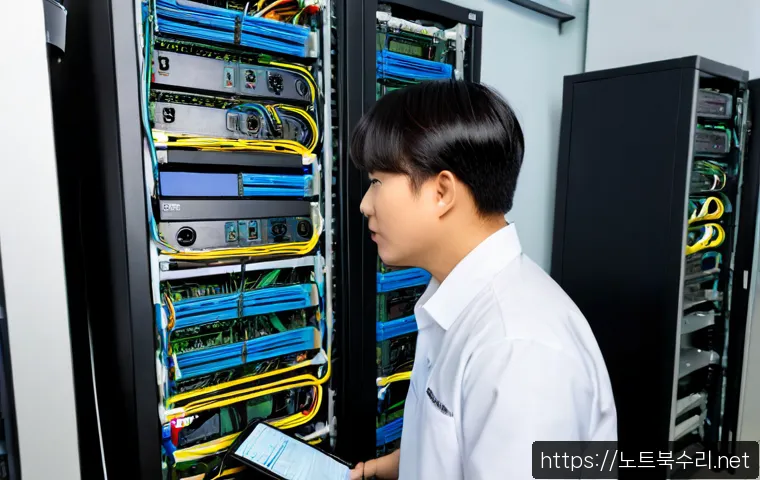 영등포동 server출장방문수리점 - Photorealistic onsite server repair in a compact Yeongdeungpo-dong office, technician in neutral wor...