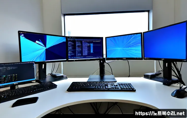 광장동 STATUS_KERNEL_DRIVER_CORRUPTION - Photorealistic IT support workstation in a modern Gwangjang-dong apartment office, dual monitors sho...